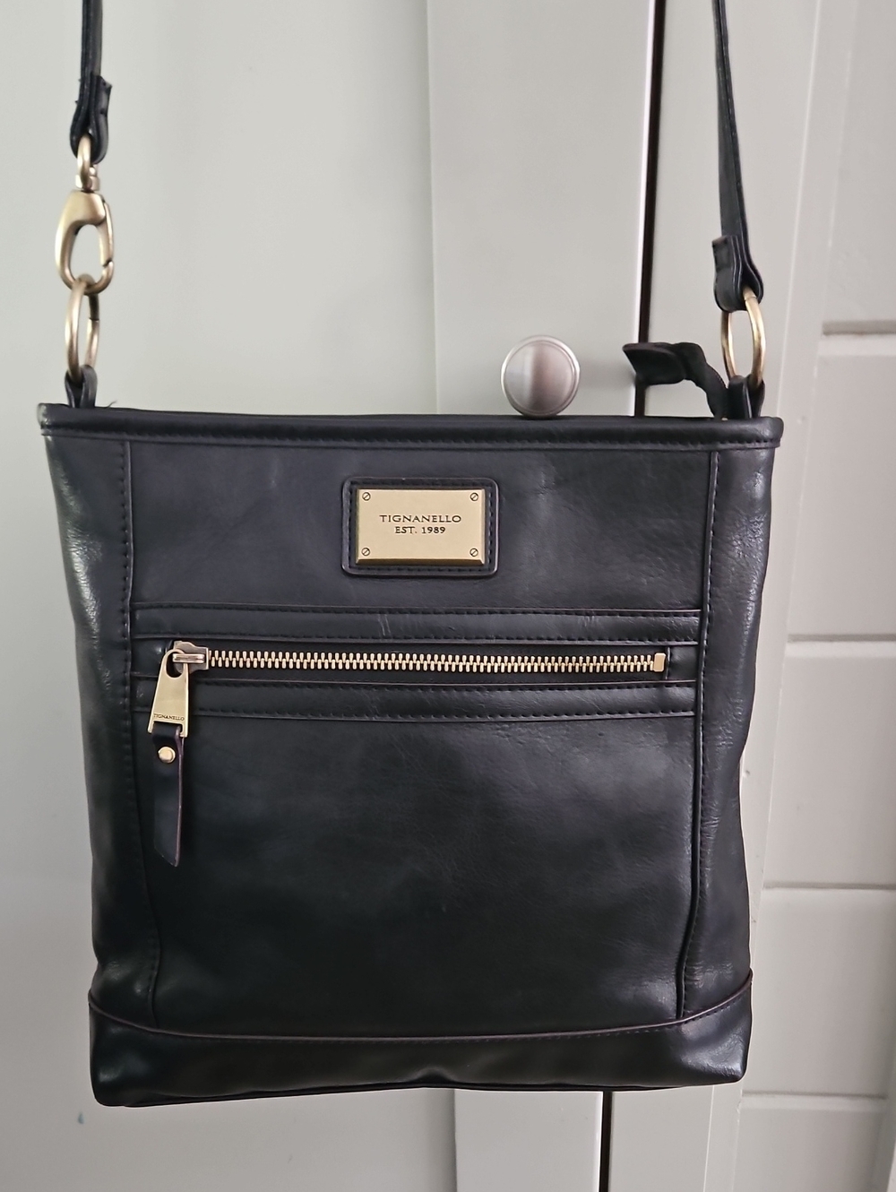 Tignanello Black Leather Crossbody with Gold Hardware Pocket Outside Wallet